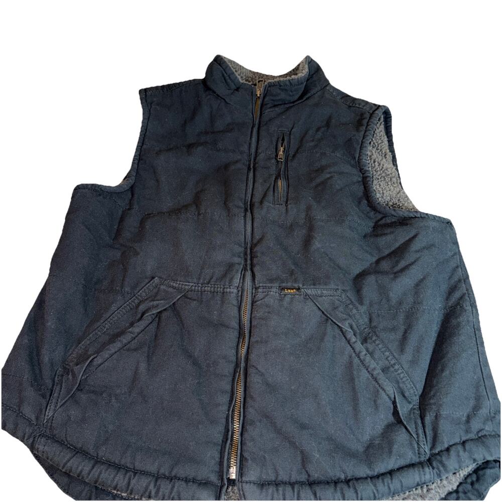 Lee Premium Select Mens Medium Black Sherpa Lined Canvas Utility Vest Pockets